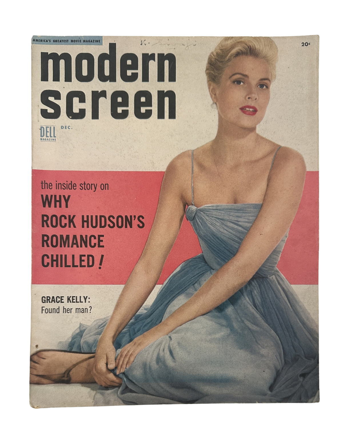 Cover of Modern Screen Magazine December 1954 featuring Grace Kelly in a blue dress, with the headline 'The inside story on why Rock Hudson's romance chilled!' and the question 'Grace Kelly: Found her man?'. This vintage magazine highlights classic Hollywood stars like Rock Hudson and Alan Ladd.