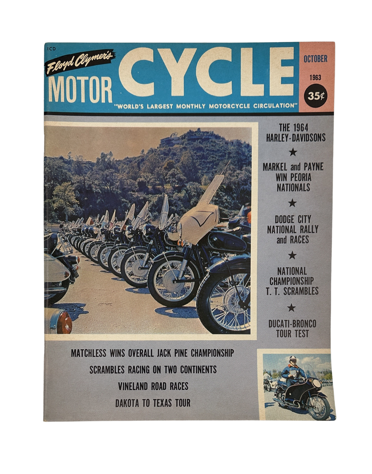 Cycle Magazine October 1963 featuring Ducati Bronco, Harley Davidson TT Scrambles, cover image displaying various motorcycles and their features.