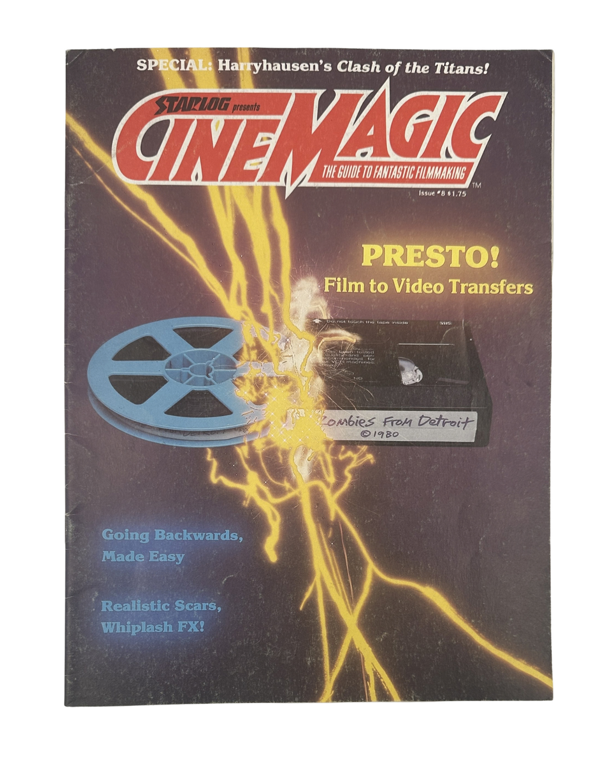 CineMagic Magazine No.8 featuring Ray Harryhausen's Clash of the Titans cover, showcasing a film reel and graphic effects related to film to video transfer techniques.