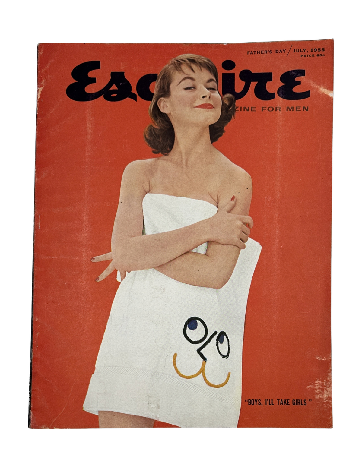 Cover of Esquire Magazine July 1955 featuring Anita Ekberg in a playful pose wearing a towel, with the text 'Boys, I'll Take Girls'.