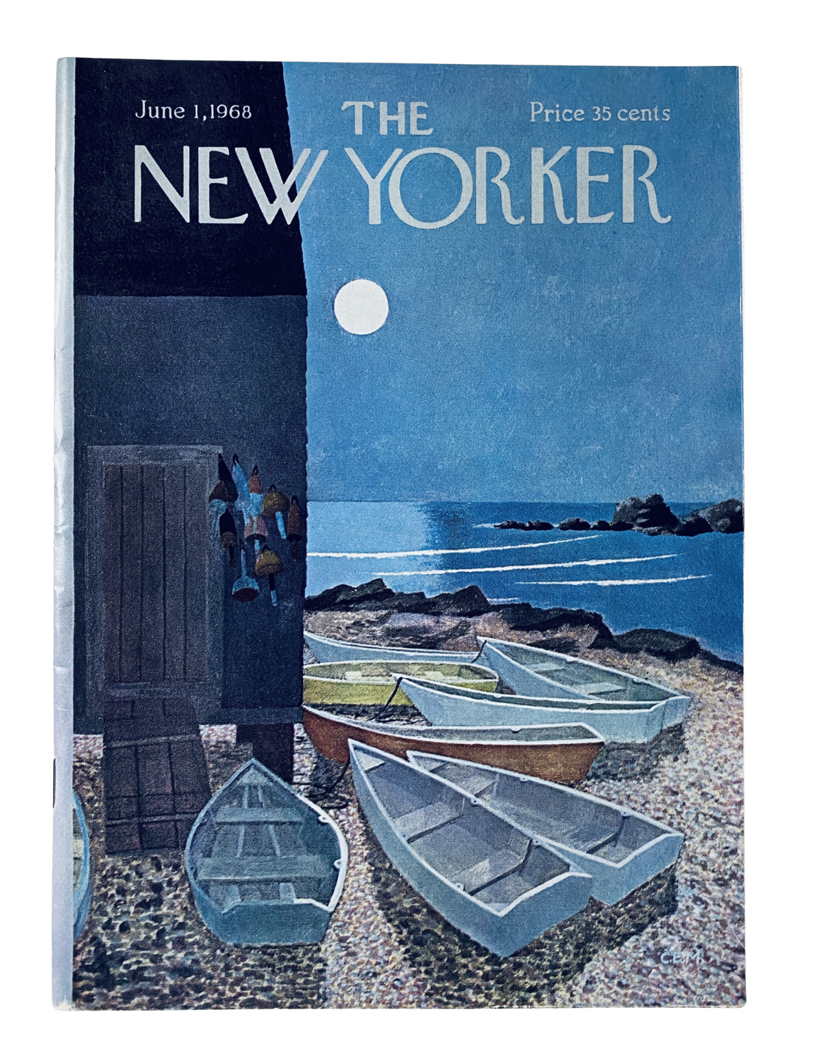 The New Yorker Magazine June 1, 1968 cover featuring a coastal scene with boats and moonlight, illustrated by Charles Martin, priced at 35 cents.