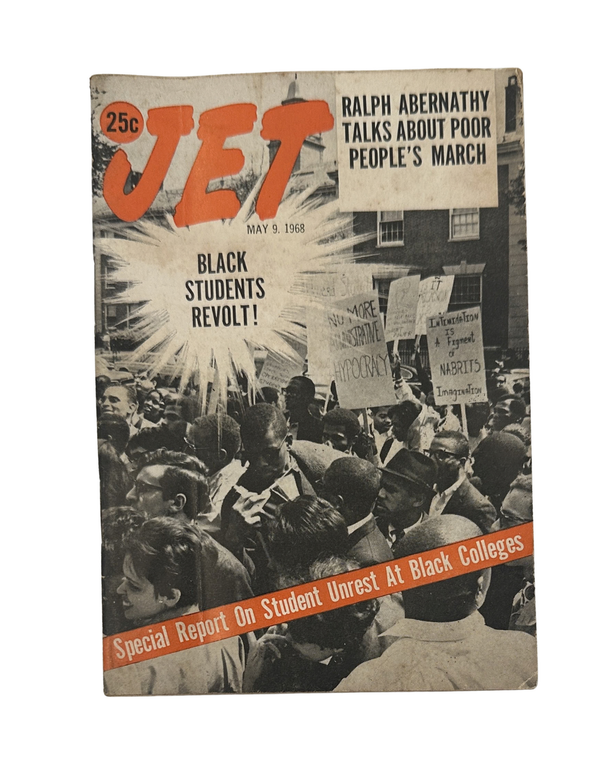 Cover of Jet Magazine from May 9, 1968 featuring the title 'Jet Magazine May 9, 1968 Black Student Revolt Abernathy Cover'. The cover showcases a crowd of students protesting with signs that read about civil rights and social justice.