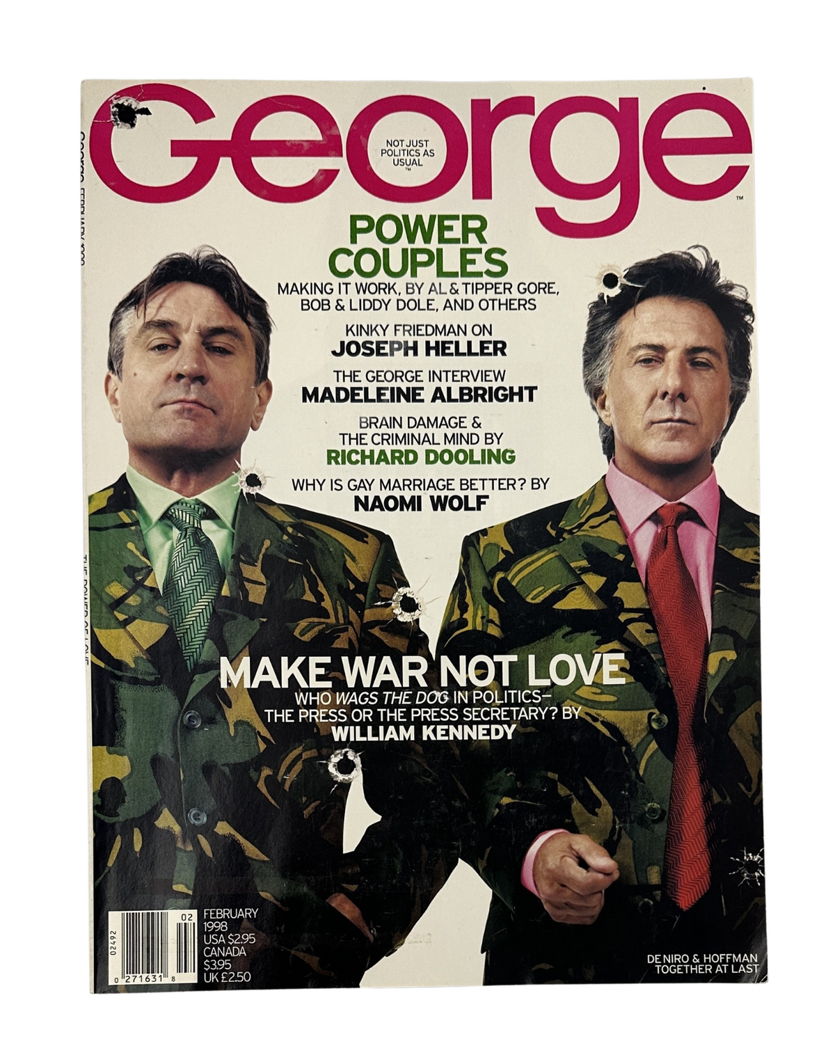 George Magazine February 1998 cover featuring Robert De Niro and Dustin Hoffman in camouflage suits, with the headline 'Power Couples' and additional articles on various topics.