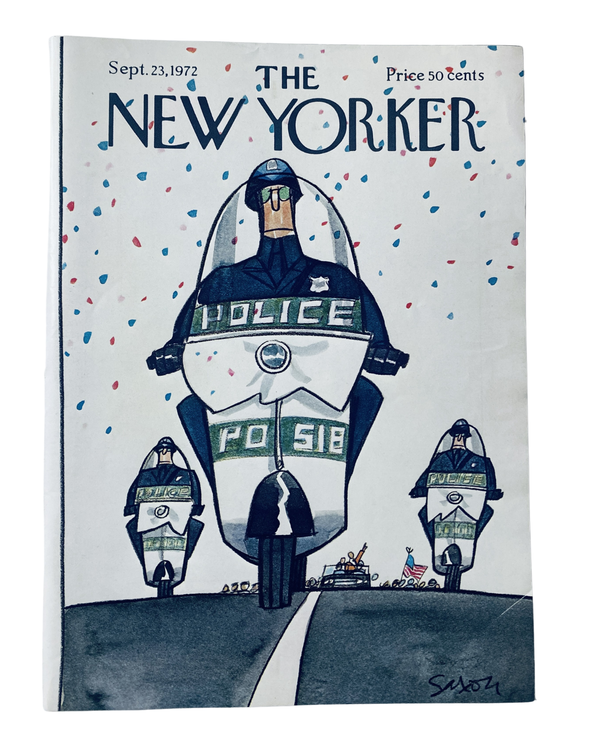 The New Yorker Magazine September 23, 1972 cover featuring a colorful illustration of police on motorcycles by Charles Saxon, showcasing themes of authority and urban life.
