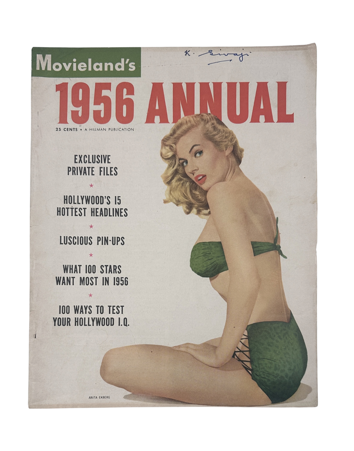 Movieland Magazine 1956 Annual featuring a glamorous blonde model in a green bikini. The magazine showcases exclusive private files and Hollywood's hottest headlines, capturing the essence of classic cinema in 1956.