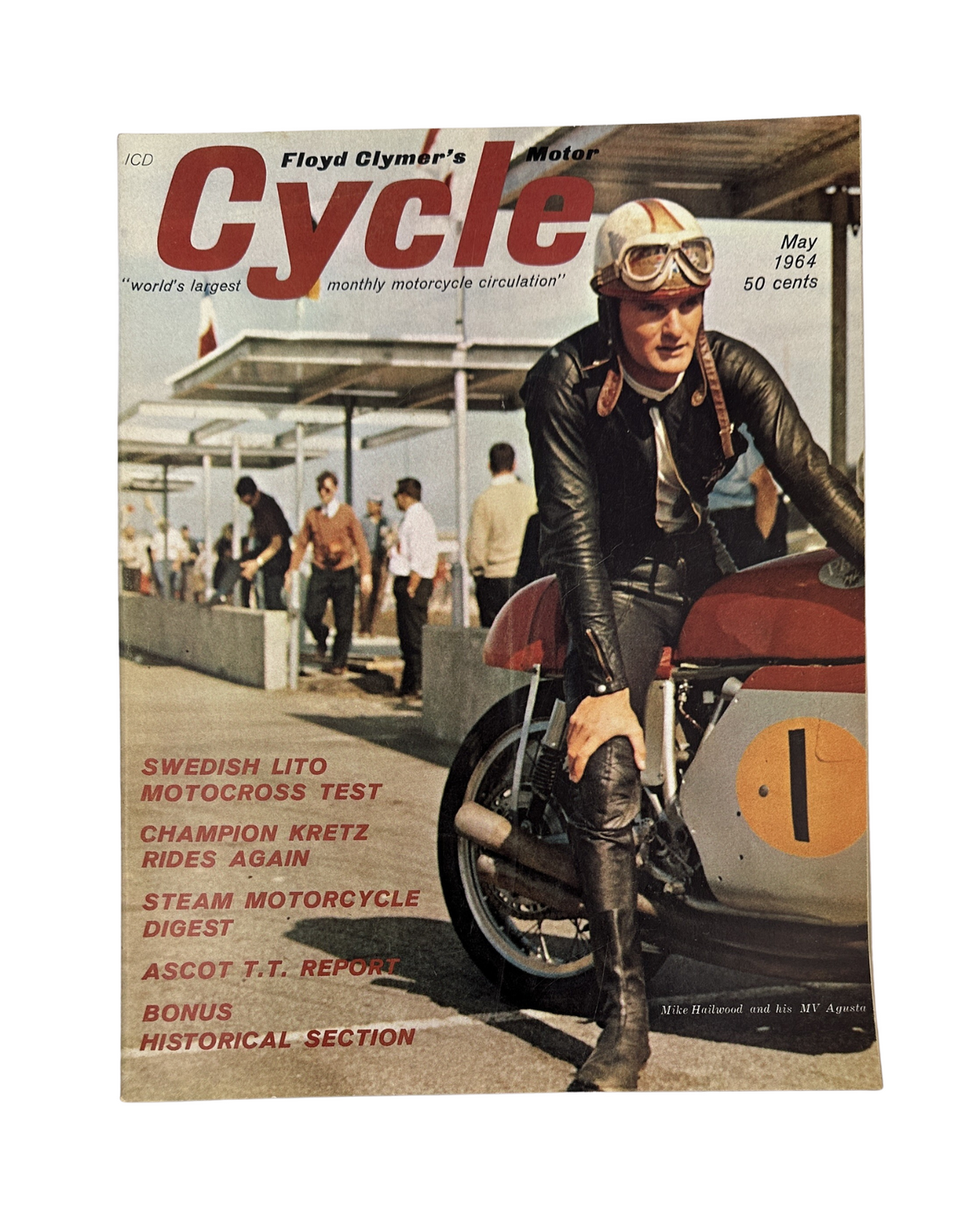 Cycle Magazine May 1964 featuring Mike Hailwood and MV Agusta on the cover, showcasing a motorcycle racing theme.