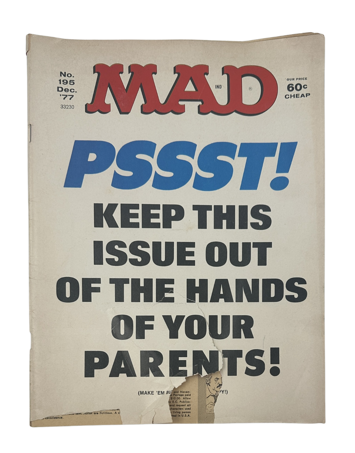 MAD Magazine No. 195 December 1977 cover featuring the bold text 'PSSST! KEEP THIS ISSUE OUT OF THE HANDS OF YOUR PARENTS!' showcasing an iconic vintage comic magazine design.