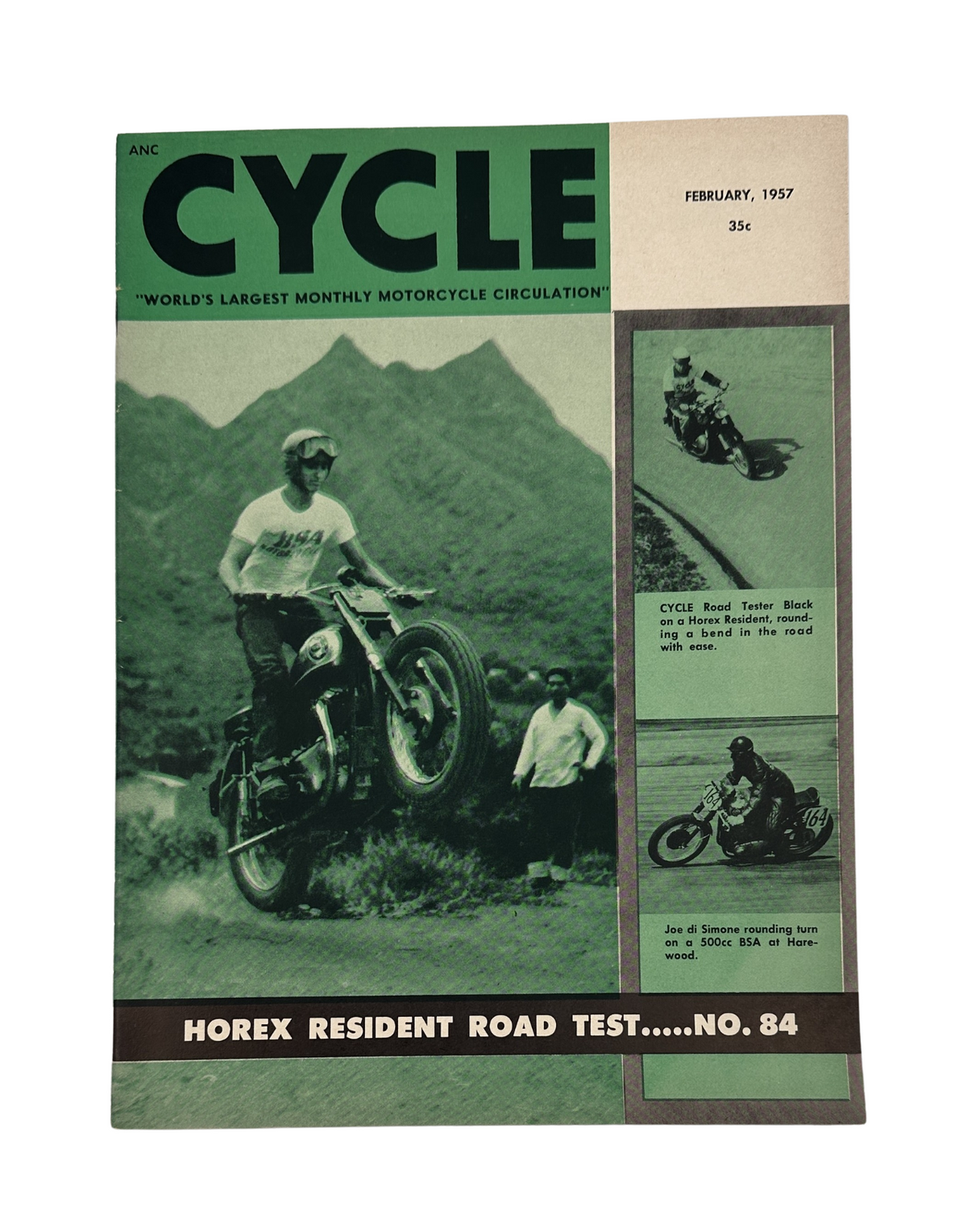 Cycle Magazine February 1957 cover featuring Horex Resident Road Test and BSA models, showcasing motorcycle culture and scenic mountains.