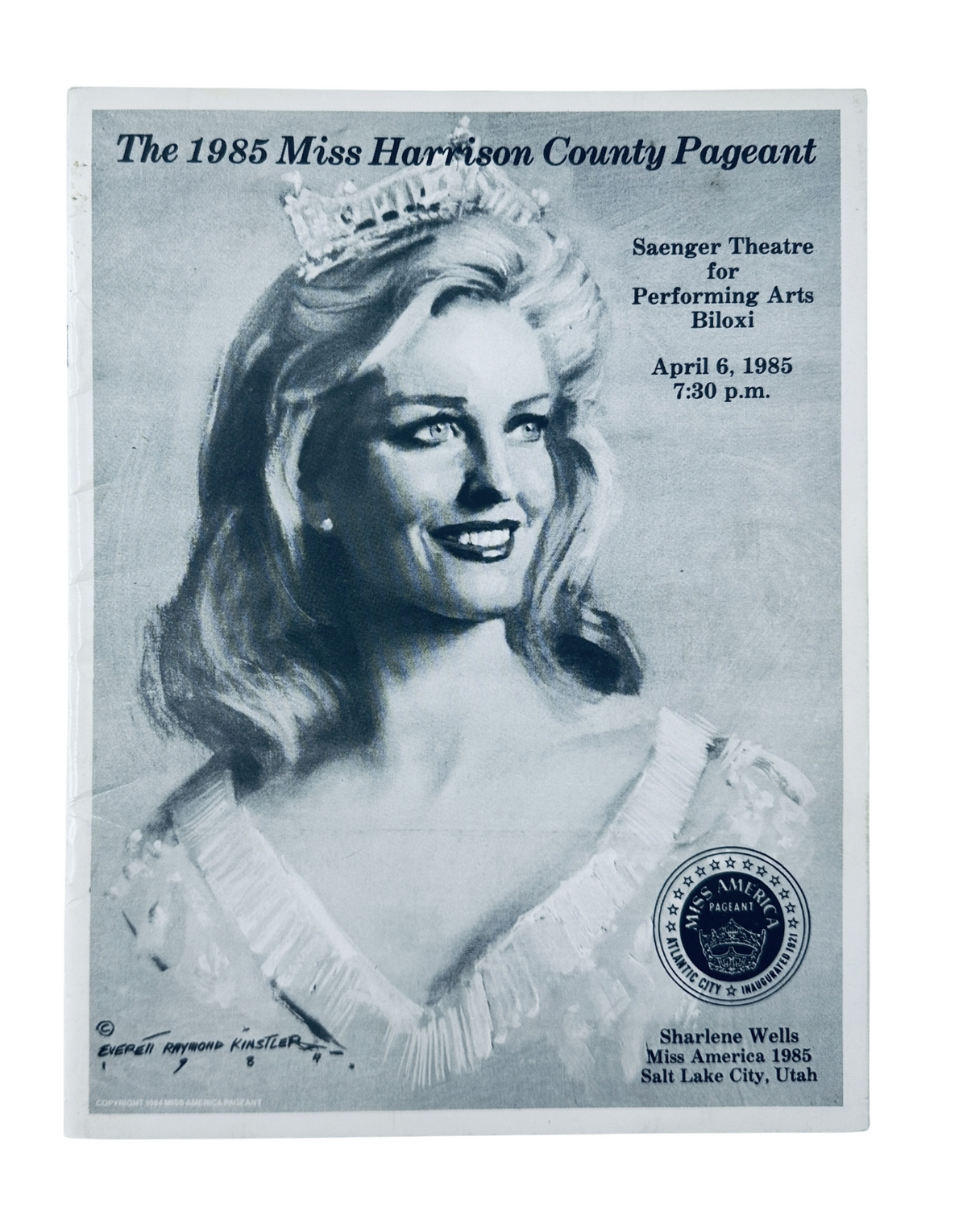 Cover of the Miss America Harrison County Pageant program dated April 6, 1985, featuring Sharlene Wells, with an image of her in a crown and sash, highlighting the event at the Saenger Theatre in Biloxi.