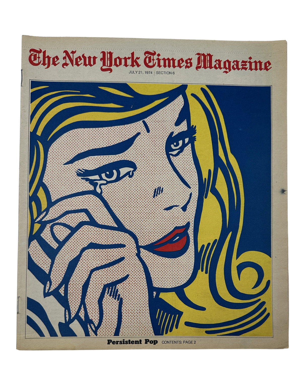 Cover of The New York Times Magazine from July 21, 1974 featuring the iconic Persistent Pop Art design with a woman portrayed by Roy Lichtenstein's style, evoking themes of emotion and nostalgia.