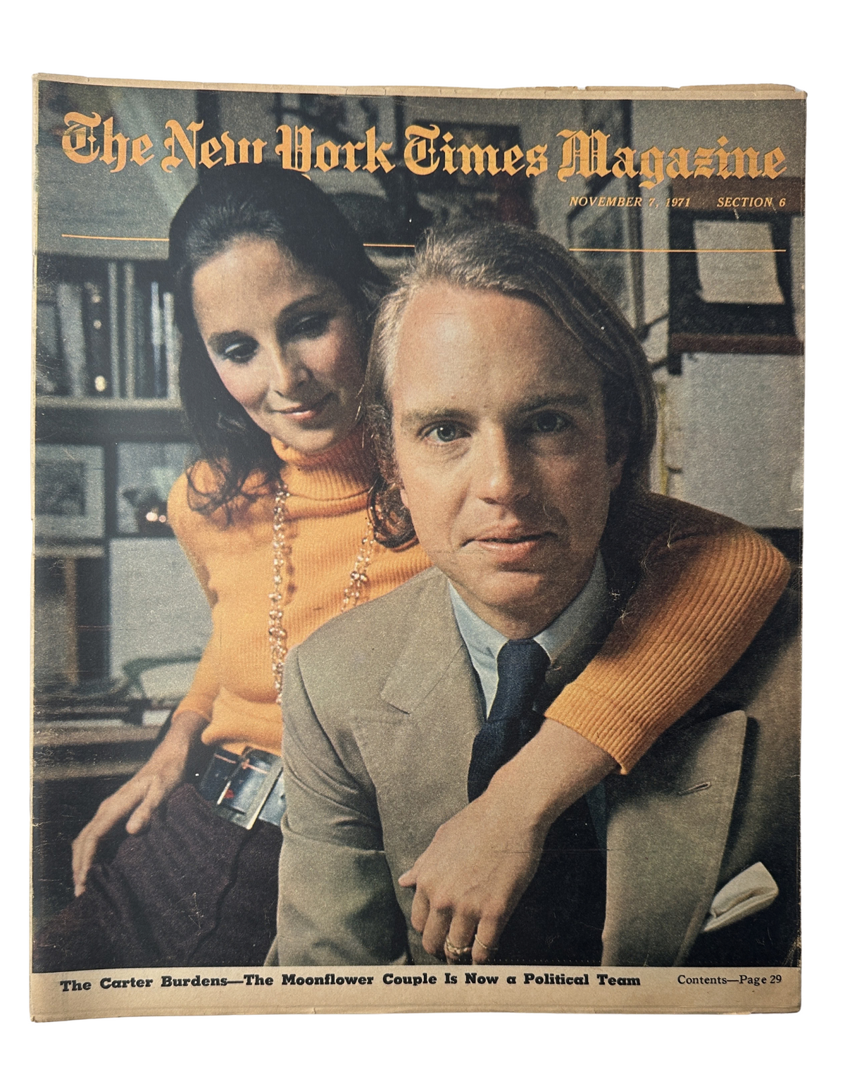 The New York Times Magazine November 7, 1971 featuring Carter and Amanda Burden on the cover, highlighting their transition from socialites to a political couple.