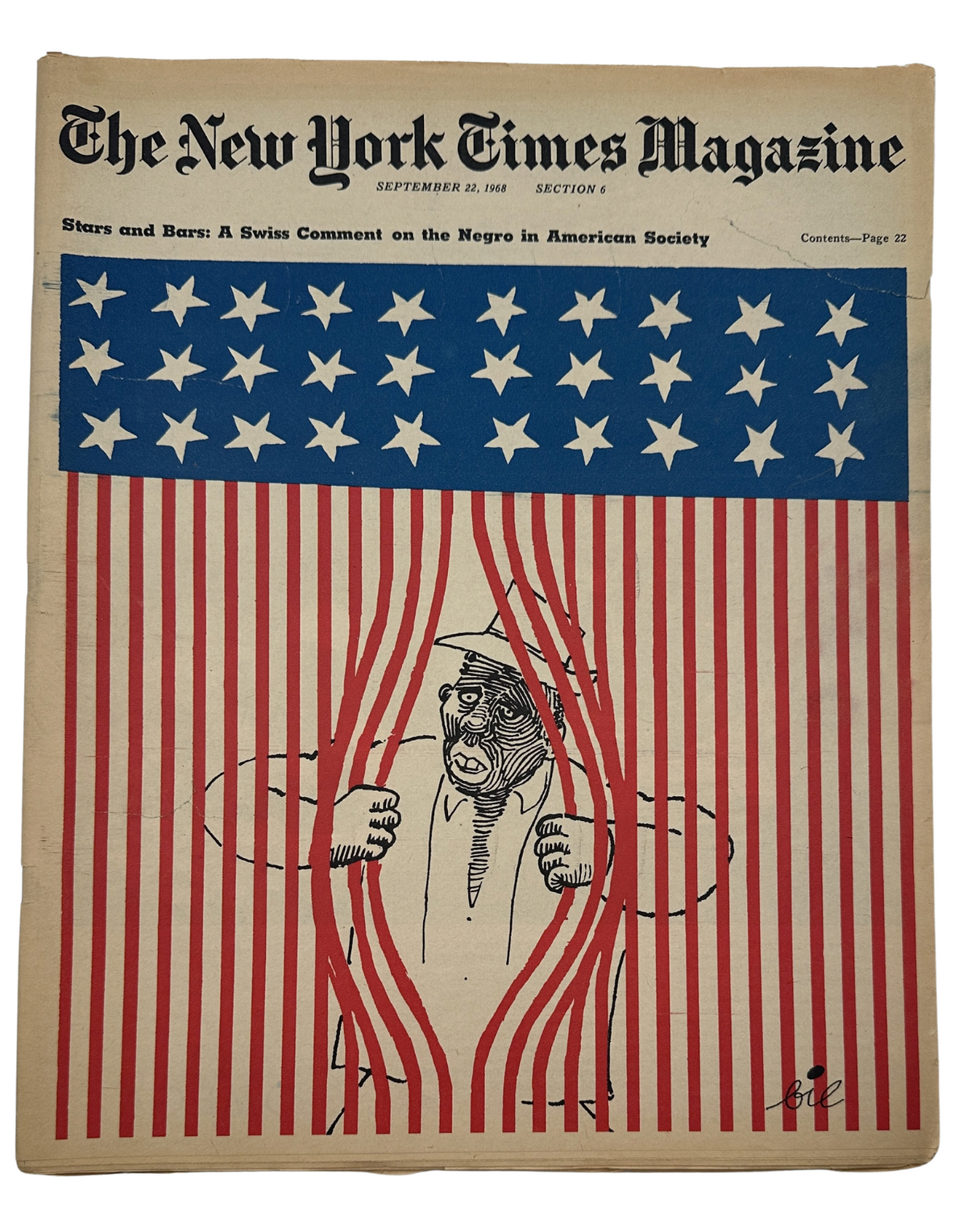 Cover of The New York Times Magazine from September 22, 1968, featuring a cartoon illustrating themes of race and society with a backdrop of American flag stripes and a figure behind curtains.