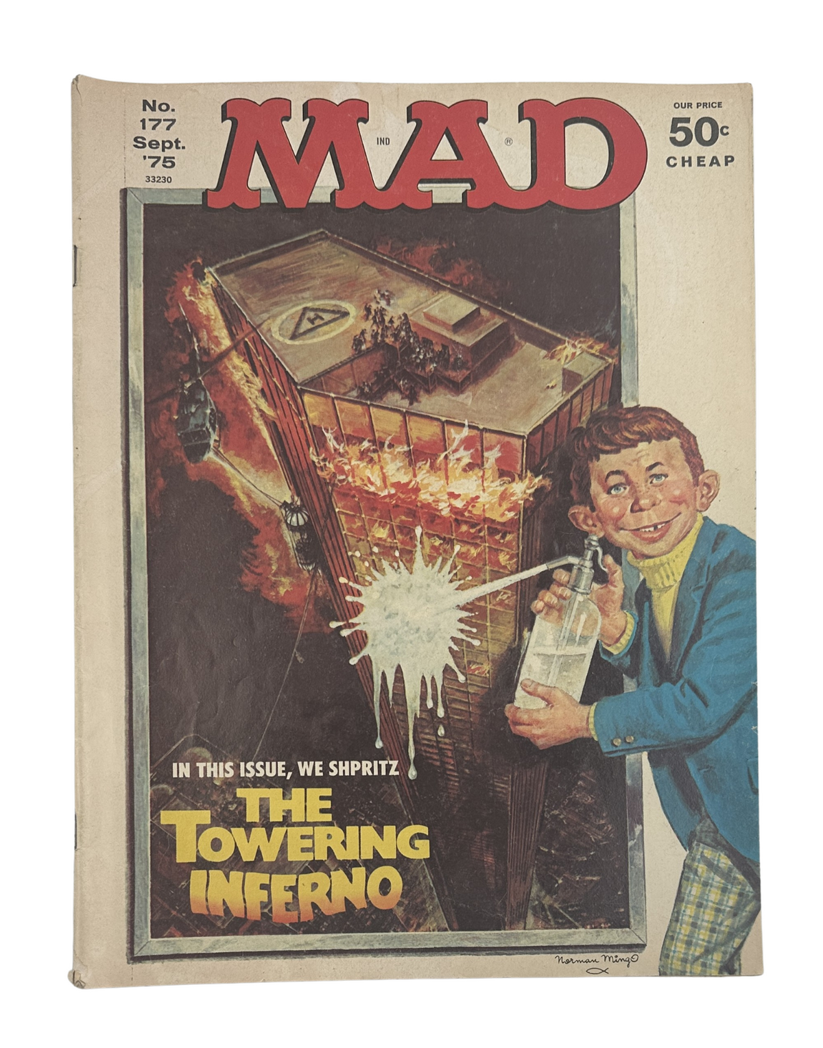 MAD Magazine No. 177, September 1975, featuring a cover illustration themed around 'The Towering Inferno' with a character humorously wielding a bottle. Graded Very Good (VG 4.0), this collectible magazine shows signs of age and handling.