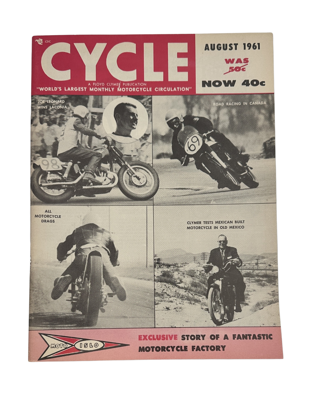 Cycle Magazine August 1961 cover featuring topics on motorcycle racing, showcasing Moto Islo and Laconia Motorcycle Drags, notable for its vintage design and historical significance.