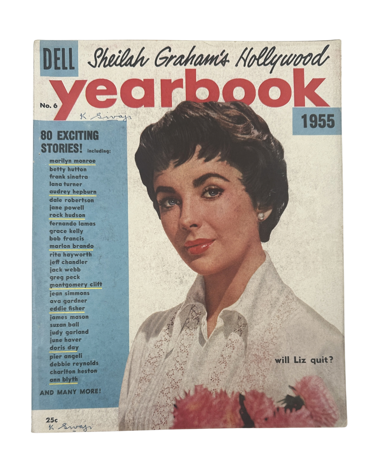Cover of Sheilah Graham's Hollywood Yearbook Magazine 1955 featuring Elizabeth Taylor, showcasing classic Hollywood themes with a vintage design.