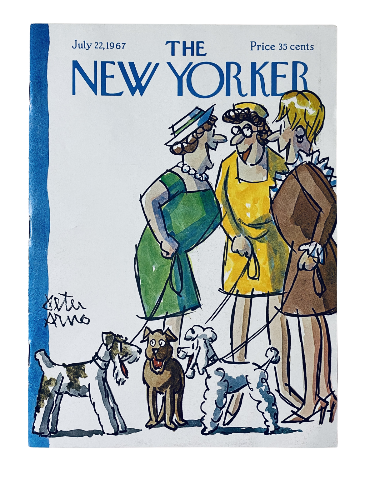 The New Yorker Magazine July 22, 1967 cover by Peter Arno featuring women with dogs in colorful outfits, showcasing her humorous art style.