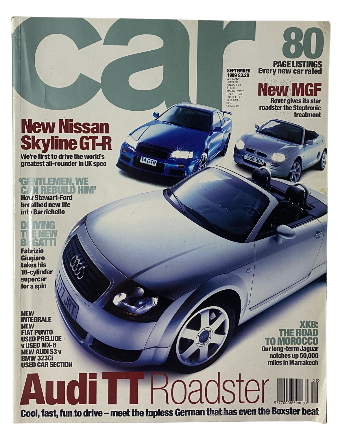CAR Magazine September 1999 featuring the Audi TT Roadster and Nissan Skyline GT-R on the cover, highlighting car reviews and automotive news.
