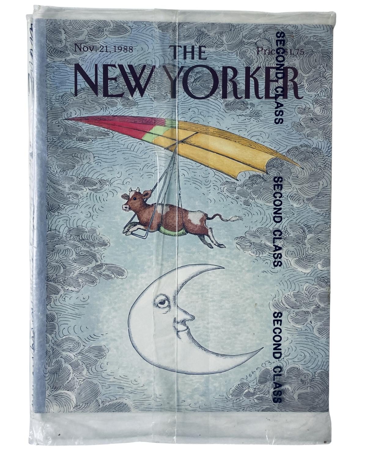 SEALED The New Yorker Magazine November 21, 1988 featuring a whimsical cover illustration of a cow flying with a colorful parachute against a cloudy backdrop and a moon design, ideal for collectors of vintage magazines.