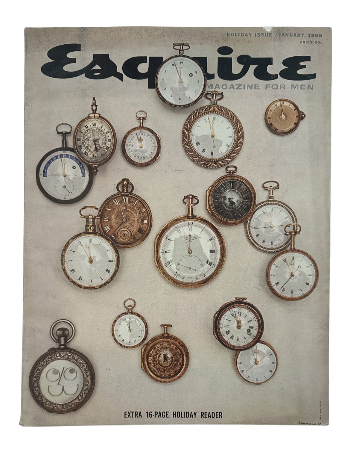 Esquire Magazine January 1956 cover featuring an artistic display of vintage pocket watches, highlighting elegance and timekeeping artistry.