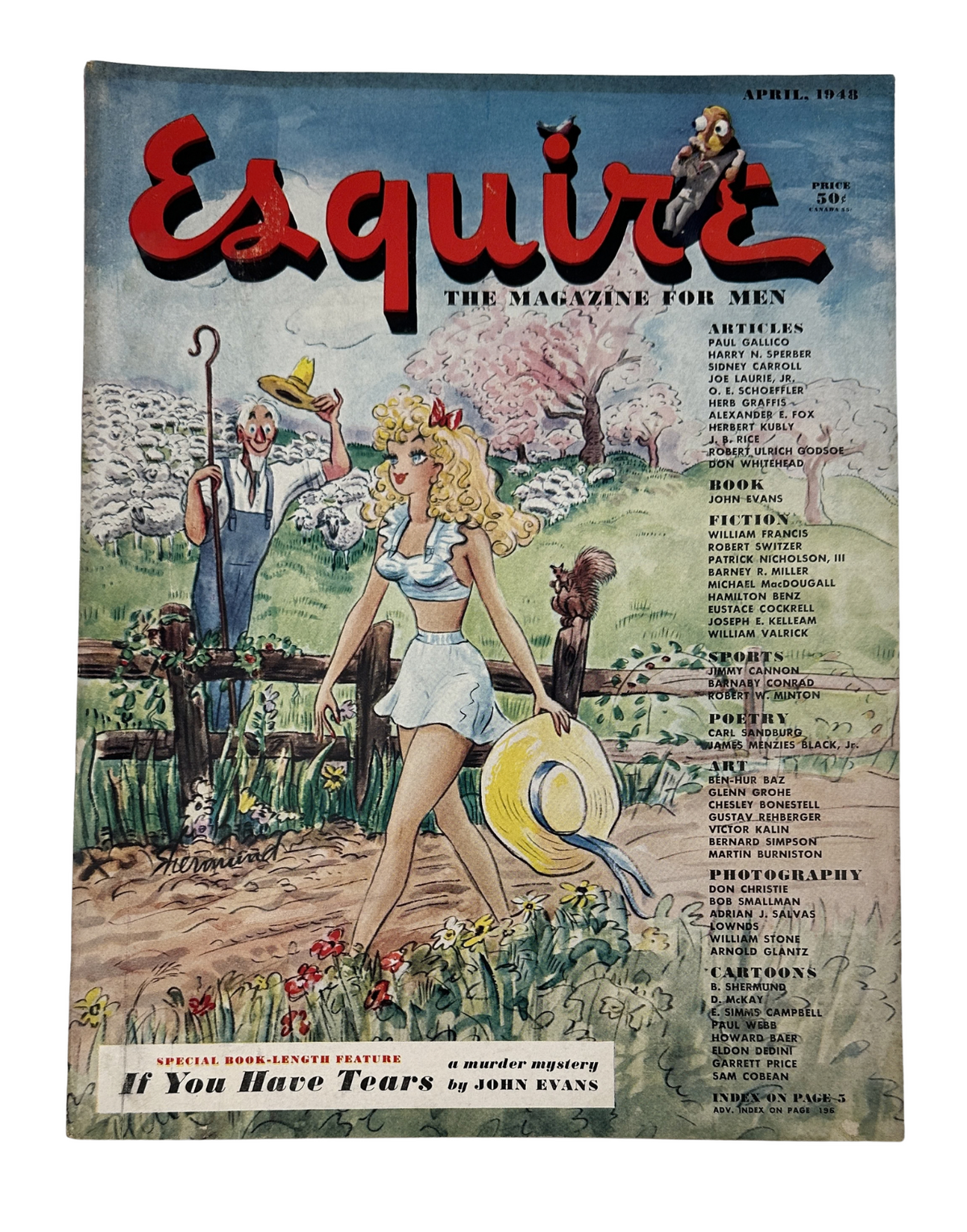 Esquire Magazine April 1948 cover featuring a colorful illustration by B. Shermund, showcasing a pinup girl in a playful scene with garden elements.