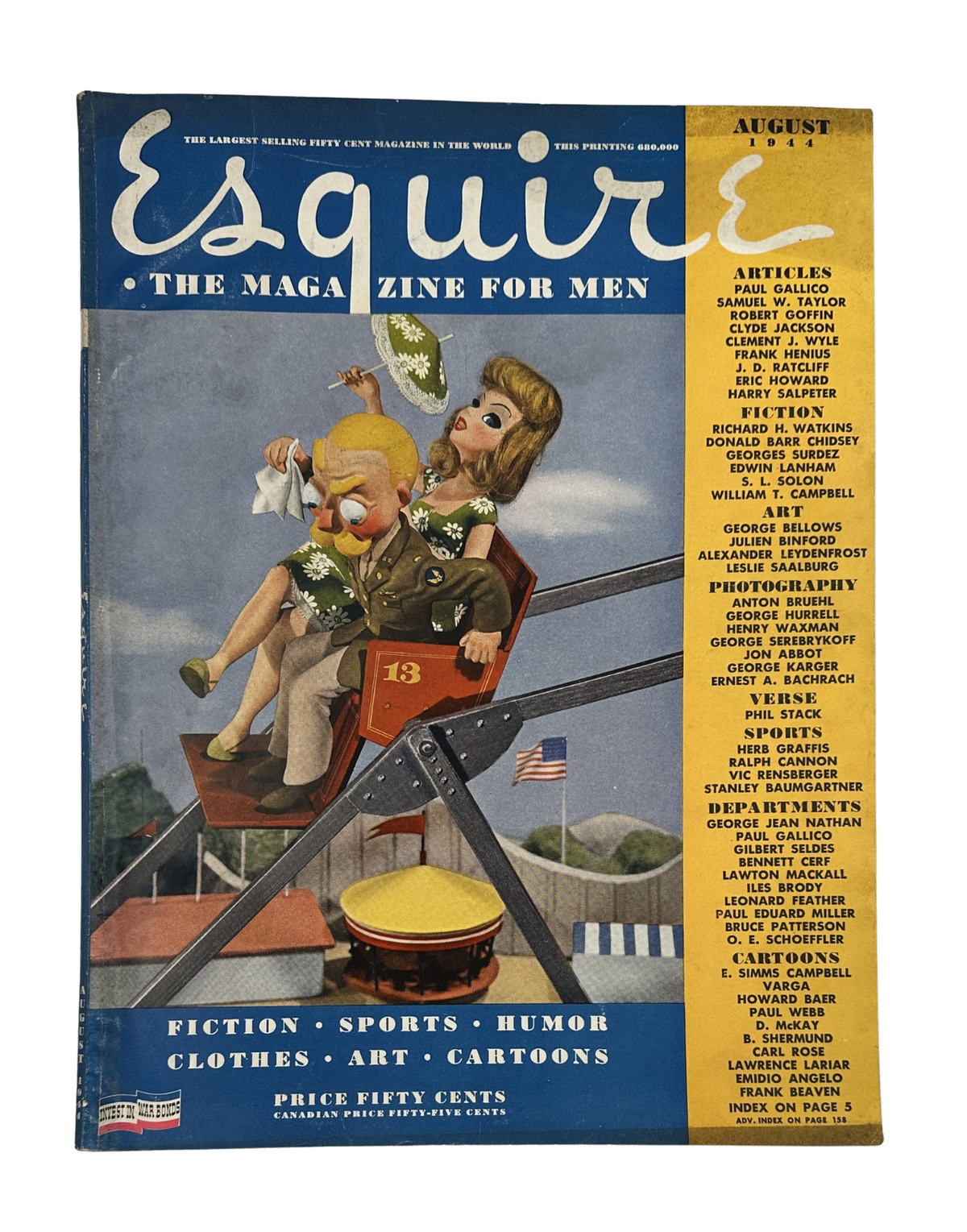 Esquire Magazine August 1944 cover featuring a vintage illustration of a woman with a child on a swing. The design includes the magazine's title and highlights articles on fiction, sports, humor, and cartoons.