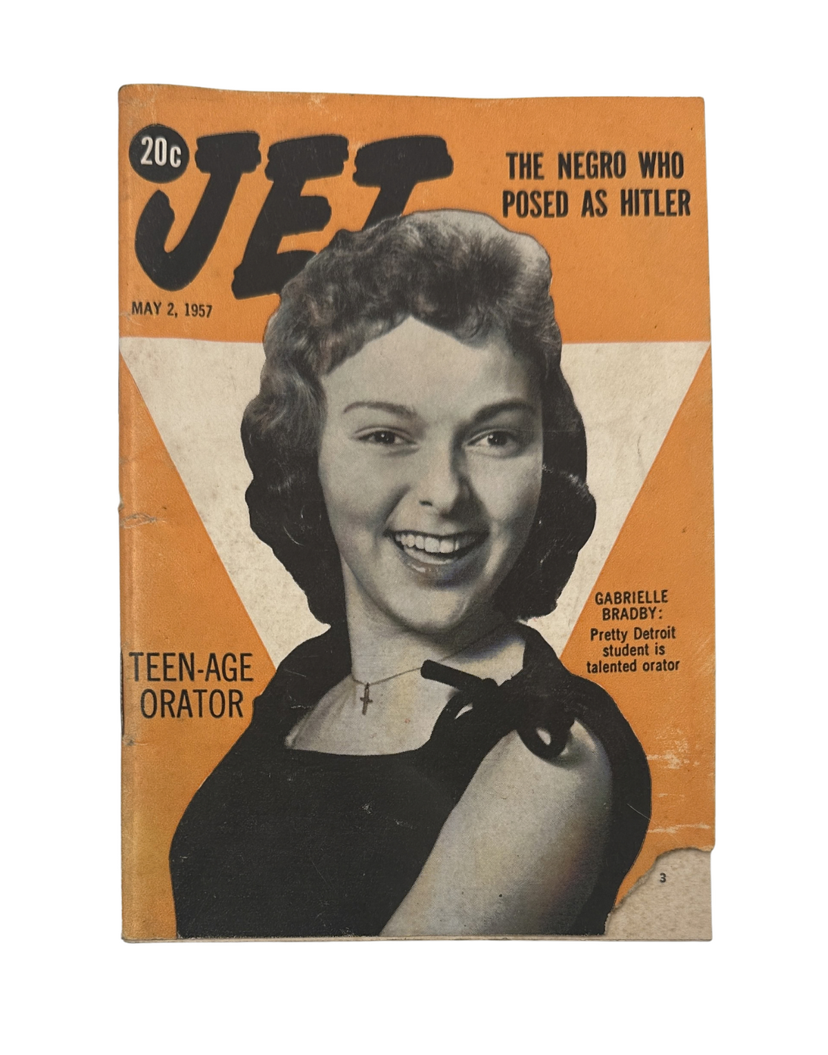 Jet Magazine cover from May 2, 1957 featuring Gabrielle Bradby, titled 'The Negro Who Posed as Hitler'. The cover illustrates a young teenage orator with styled hair.