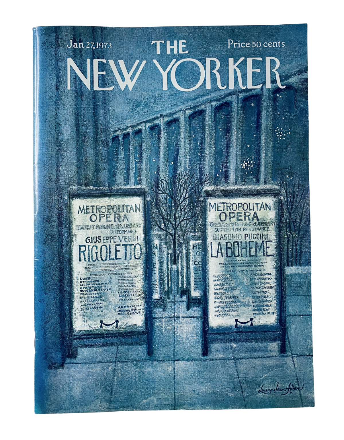 The New Yorker Magazine January 27, 1973 featuring a Metropolitan Opera cover illustration by L. J. Allen, showcasing iconic opera titles Rigoletto and La Boheme in a stunning blue-themed artwork.