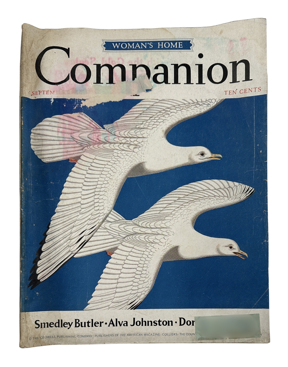 Cover of Woman’s Home Companion Magazine September 1936 featuring Smedley Butler and bird illustrations, showing signs of wear and age.