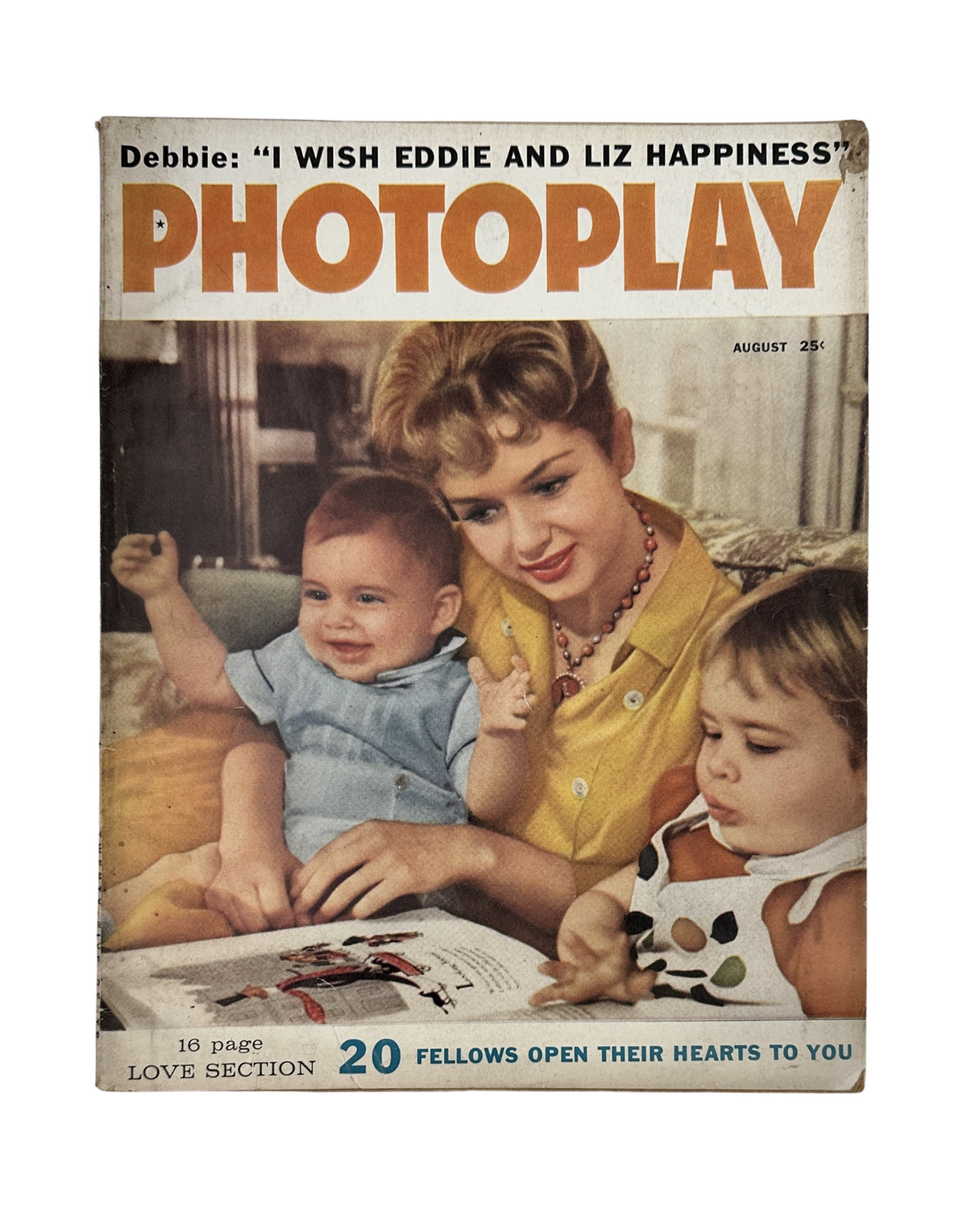 Photoplay Magazine August 1959 cover featuring Debbie Reynolds and children, with the headline: 'I Wish Eddie and Liz Happiness.'