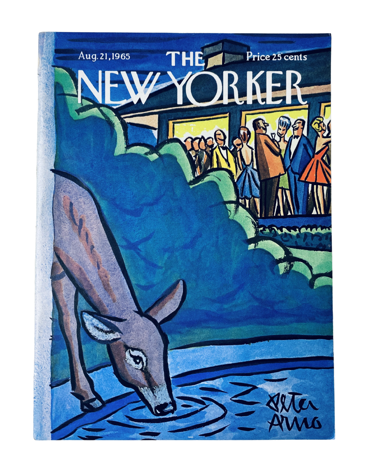 The New Yorker Magazine August 21, 1965 cover featuring a colorful illustration by Peter Arno, depicting a deer drinking from a pond with people socializing in the background.