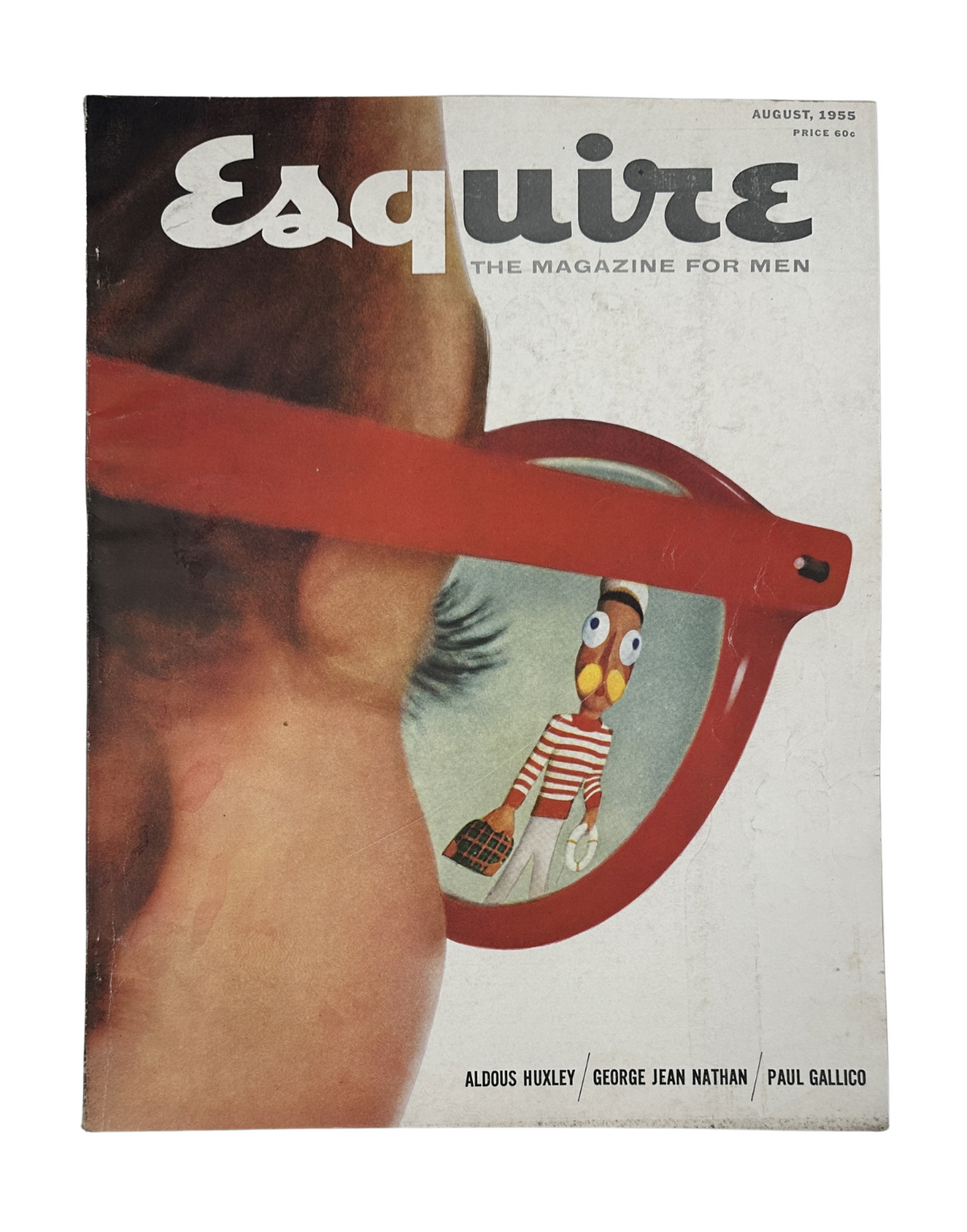 Esquire Magazine August 1955 cover featuring an artistic reflection of a person wearing red sunglasses, showcasing a cartoon character, alongside the names Aldous Huxley, George Jean Nathan, and Paul Gallico.