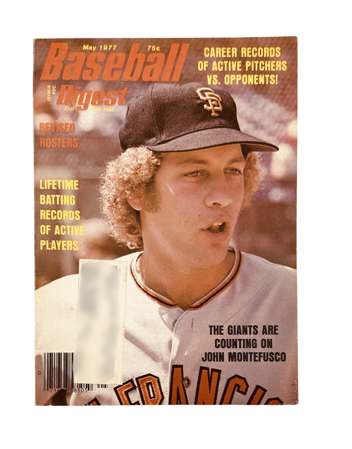 Baseball Digest Magazine May 1977 featuring John Montefusco on the cover, highlighting pitching records and statistics. The cover includes the text 'The Giants Are Counting on Montefusco'.