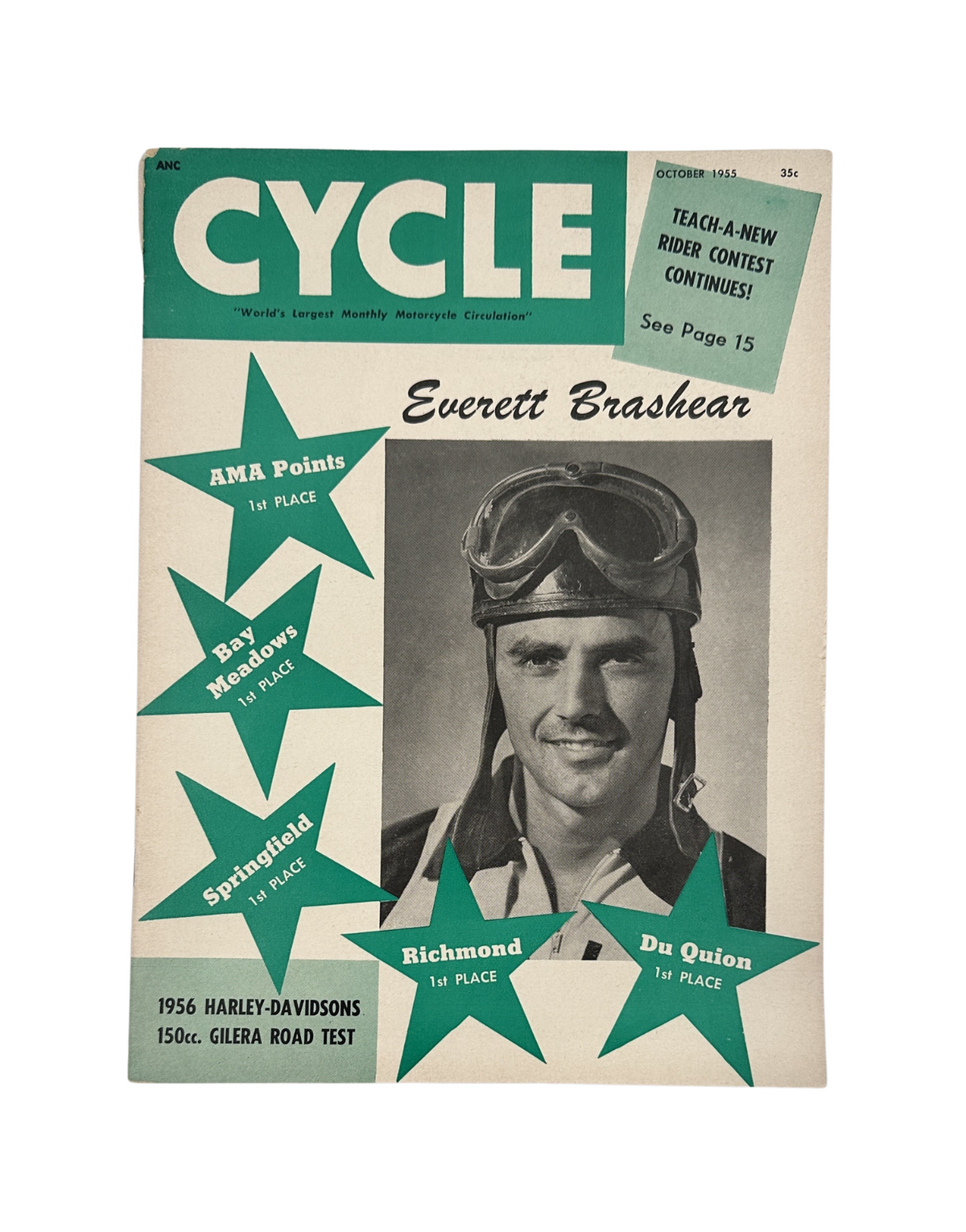 Cycle Magazine October 1955 featuring Everett Brashear on the cover with motorcycle racing stars and contest details, emphasizing AMA points standings.