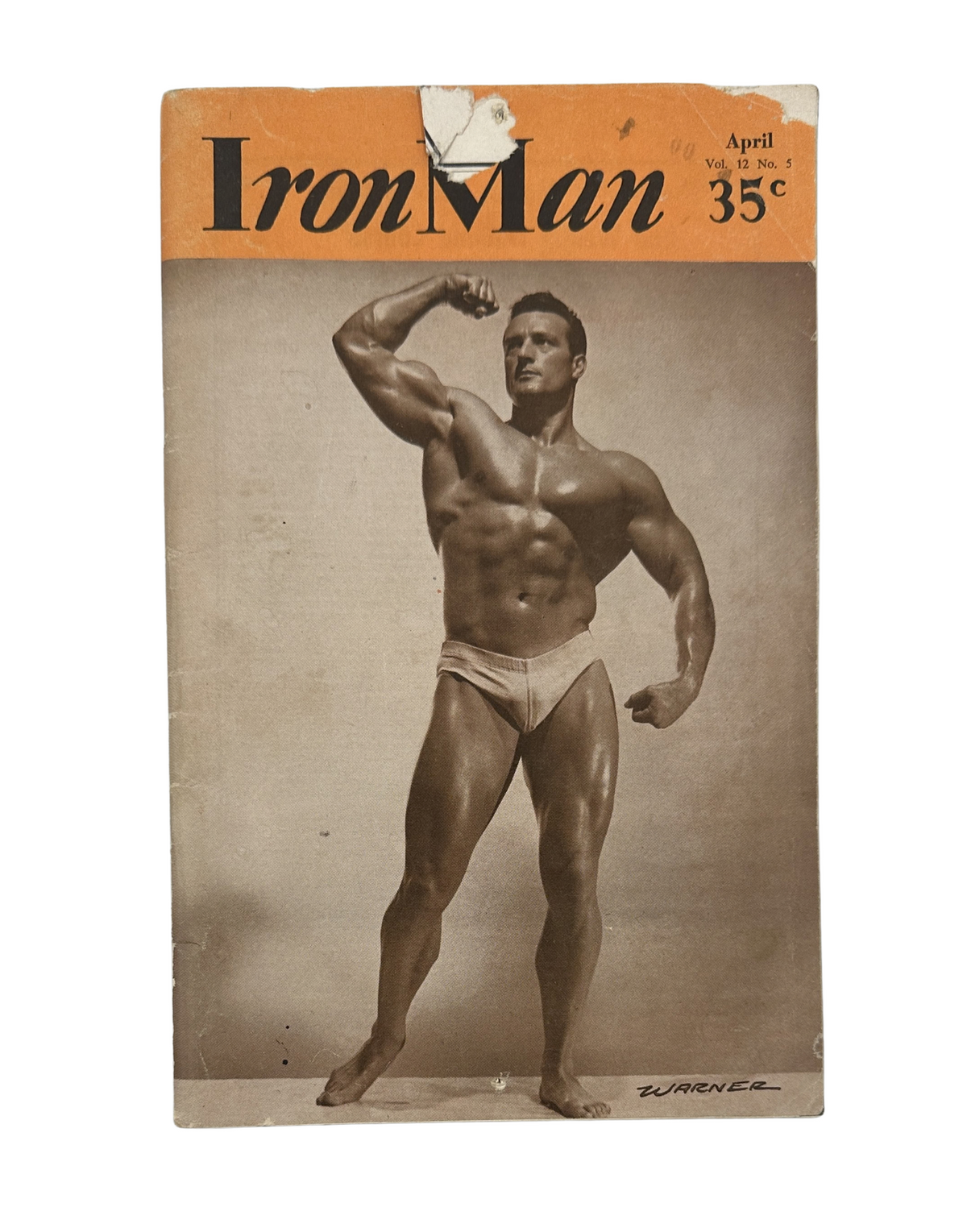 Iron Man Magazine April 1953 featuring a vintage cover with Clarence Ross, showcasing his impressive physique and muscular definition, photographed in a classic pose by Warner.