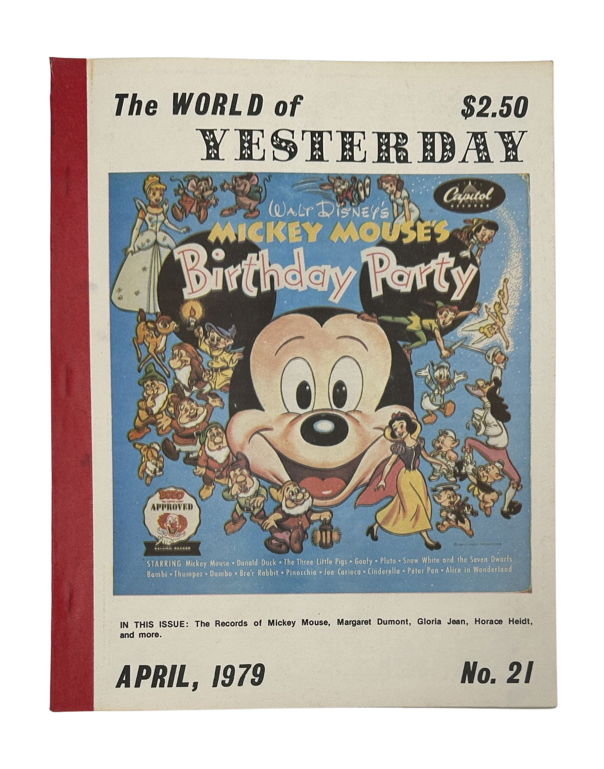 Cover of The World of Yesterday Magazine April 1979 featuring Mickey Mouse's Birthday Party, highlighting classic Disney characters and theme with a vibrant illustration.