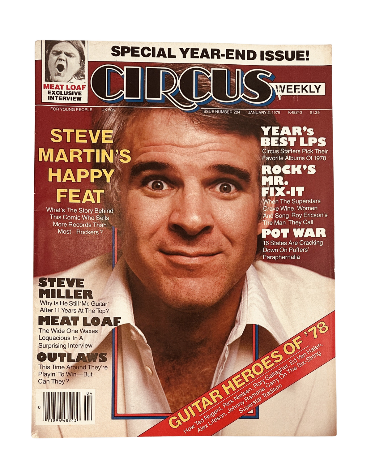 Circus Weekly Magazine cover from January 2, 1979 featuring Steve Martin, Meat Loaf, and Steve Miller, showcasing the headline 'Steve Martin's Happy Feat' and references to 'Guitar Heroes of 78'.