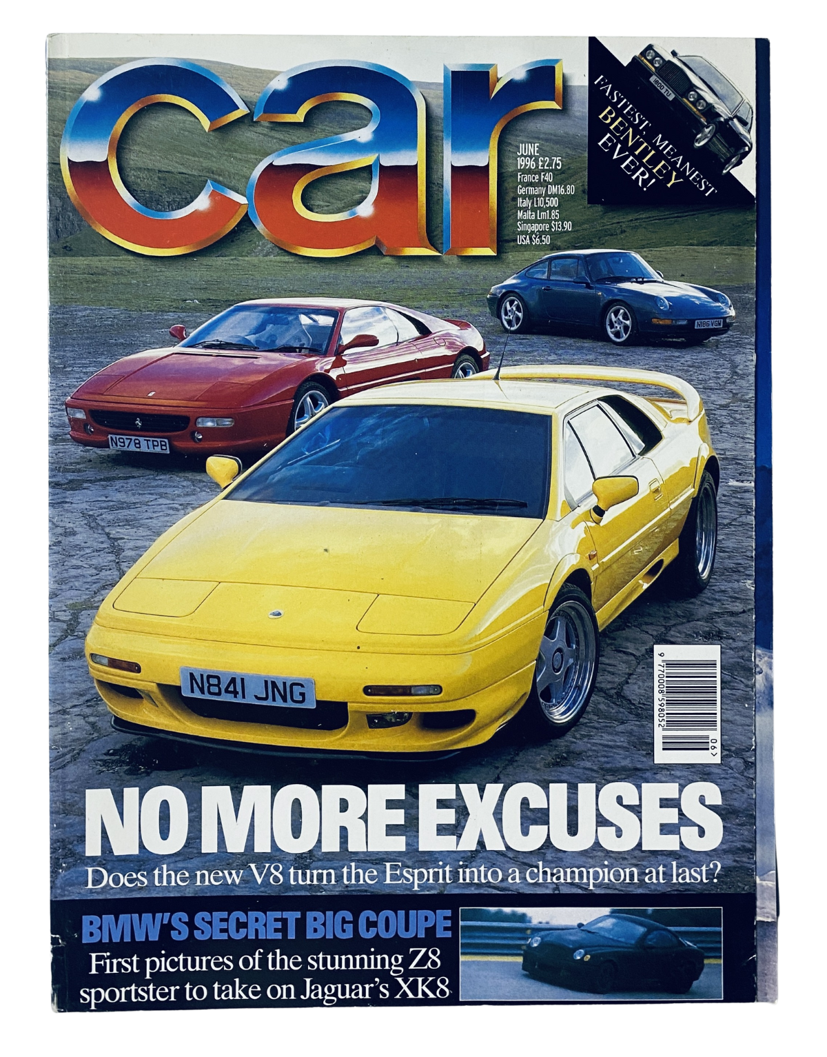 Cover of CAR Magazine June 1996 featuring the Lotus Esprit V8, Ferrari 355, and BMW Z8 Coupe with a bold headline 'NO MORE EXCUSES'.