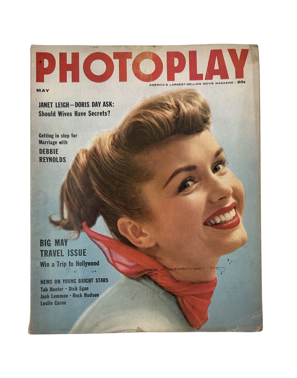 Cover of Photoplay Magazine, May 1955 featuring Debbie Reynolds, Janet Leigh, and Doris Day. The cover highlights a travel contest and offers a vintage appeal.