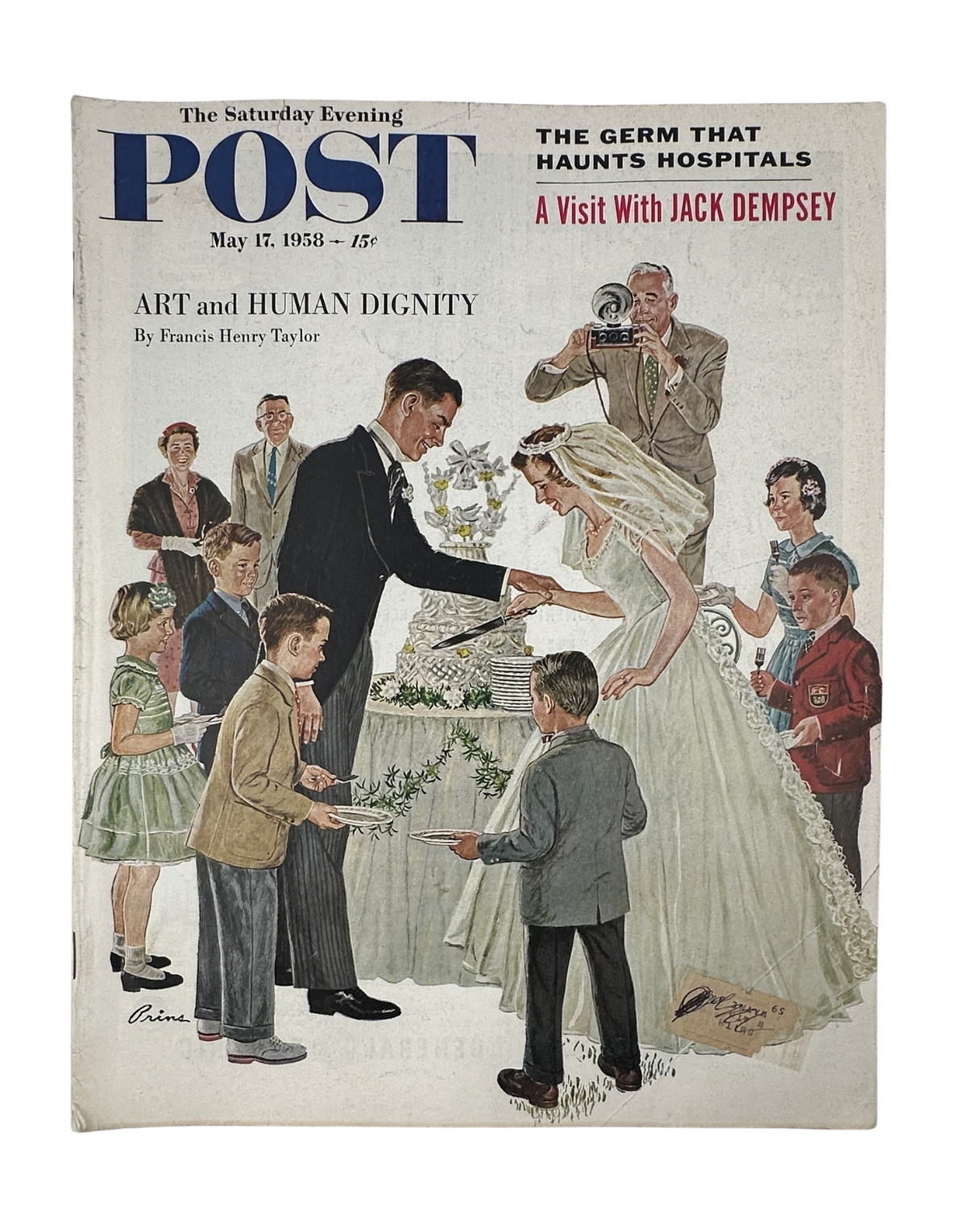Cover of the Saturday Evening Post Magazine from May 17, 1958 featuring a wedding scene with a groom and bride cutting a cake, with the title 'A Visit With Jack Dempsey' and the subtitle 'Art and Human Dignity' by Francis Henry Taylor.