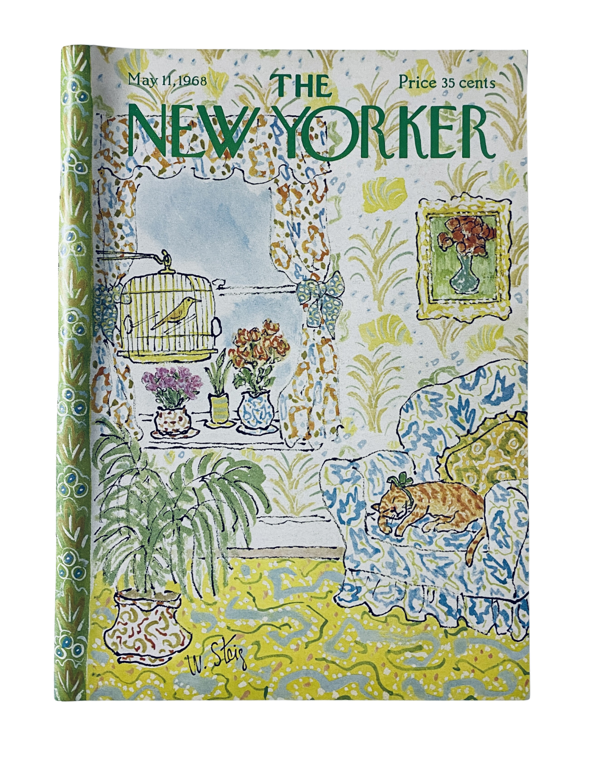 The New Yorker Magazine May 11, 1968, featuring an illustrated cover by William Steig, depicting a cozy interior scene with a cat resting on a sofa surrounded by plants.
