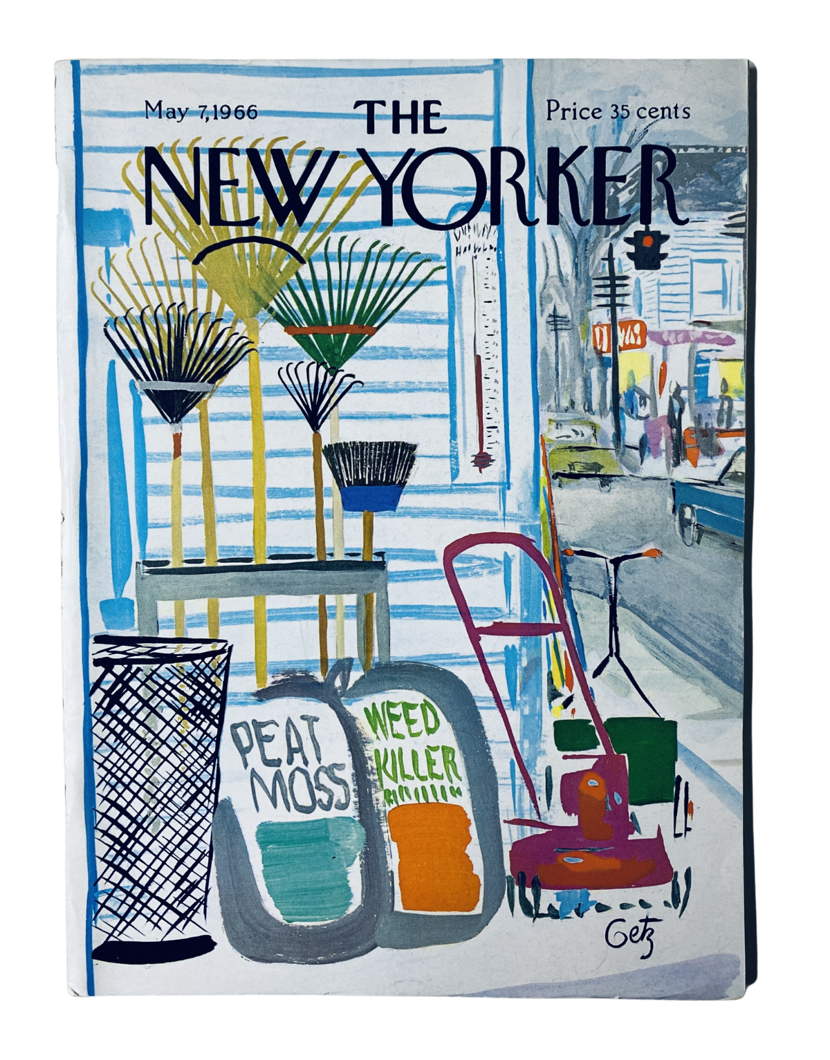 The New Yorker Magazine May 7, 1966 cover featuring a colorful illustration by Arthur Getz depicting various garden tools and items including peat moss, weed killer, and a lawnmower, showcased outside a home. The magazine is priced at 35 cents.