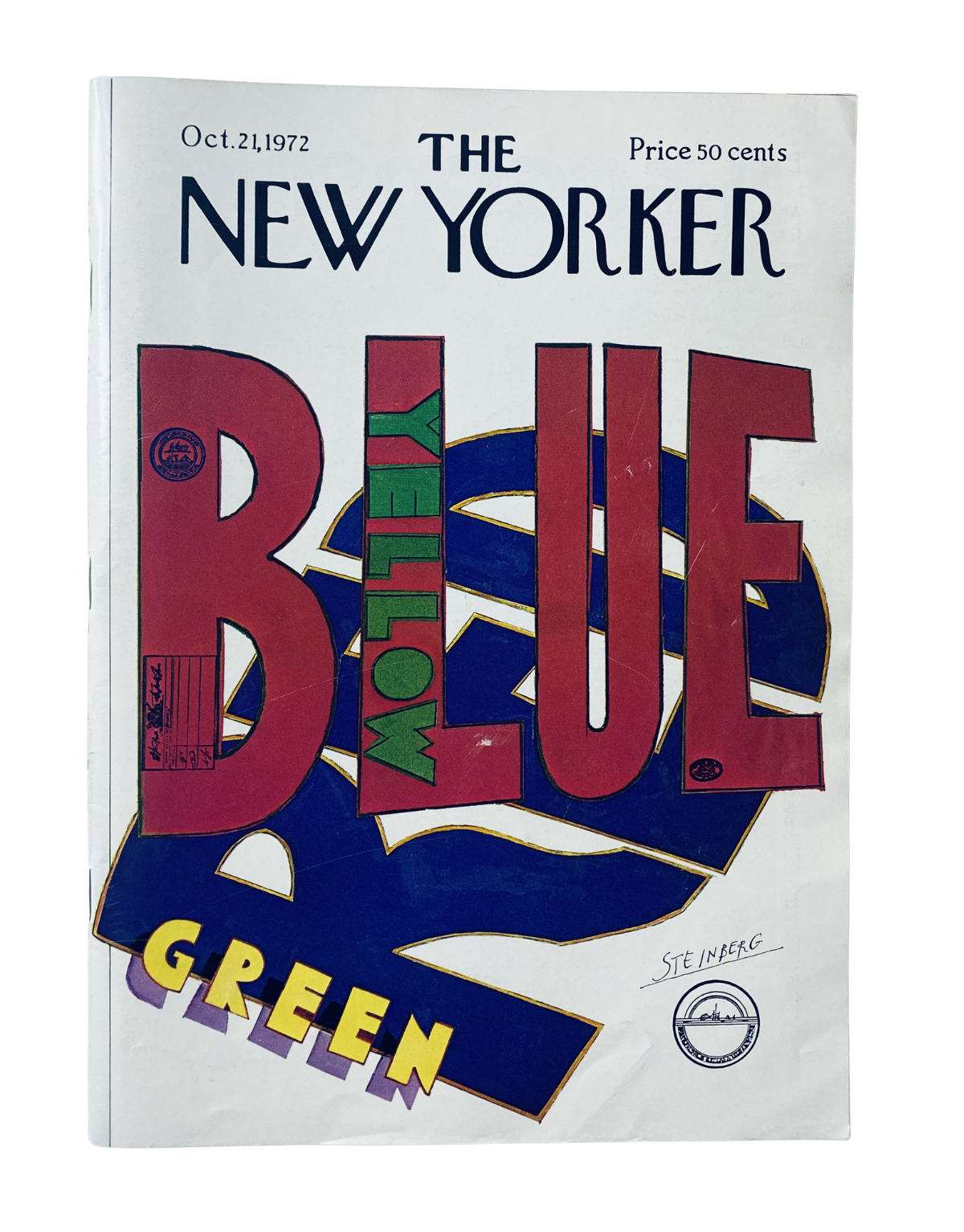 Cover of The New Yorker Magazine from October 21, 1972, featuring artwork by S. Steinberg in vibrant blue, green, and red colors.