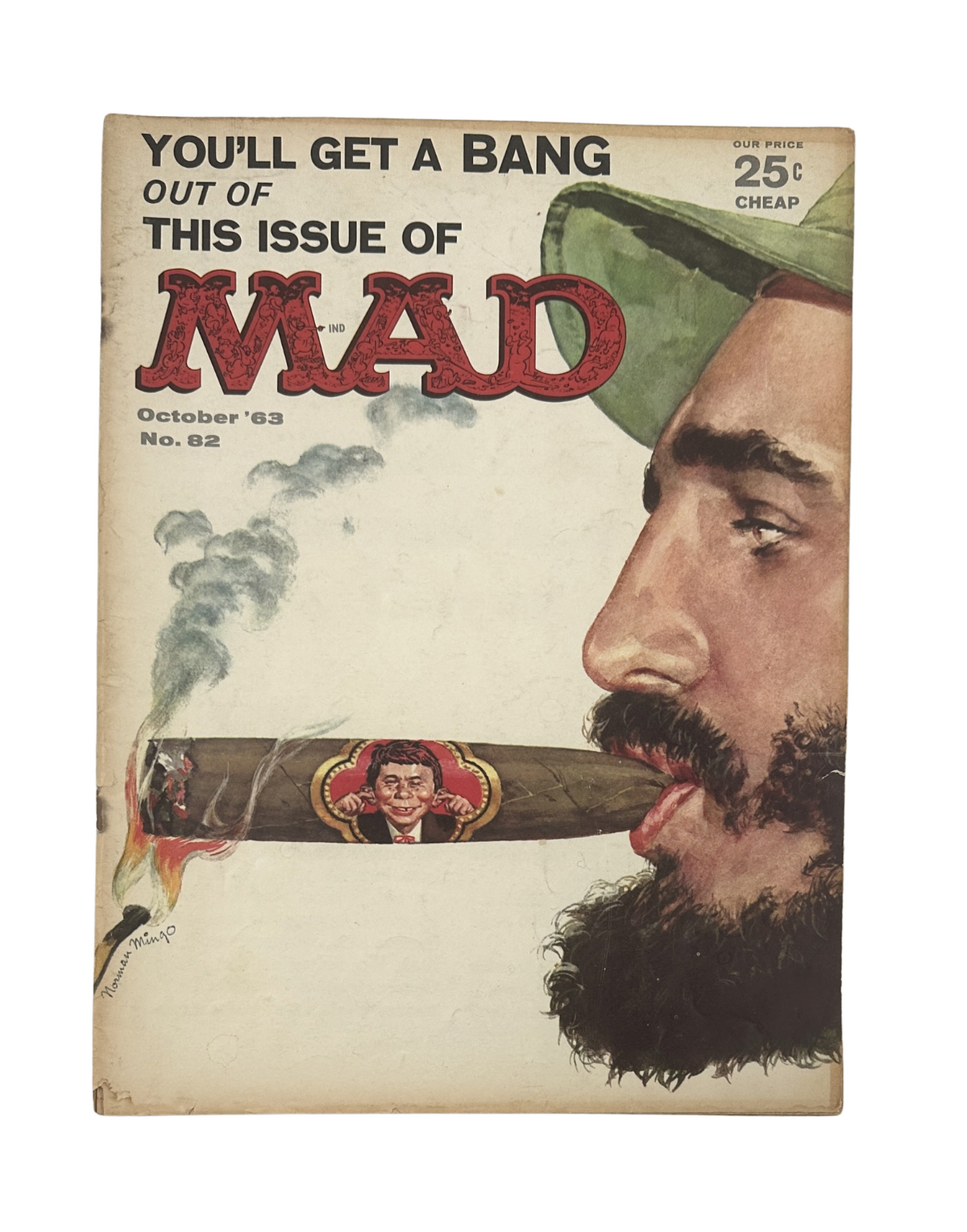 MAD Magazine No. 82 (October 1963) cover featuring a caricature of a bearded man smoking a large cigar, promoting satirical content including 'Spy vs. Spy' and Hitchcock-inspired humor. The magazine is graded Very Good (VG 4.0), showcasing vintage comic illustrations and a humorous take on contemporary issues.