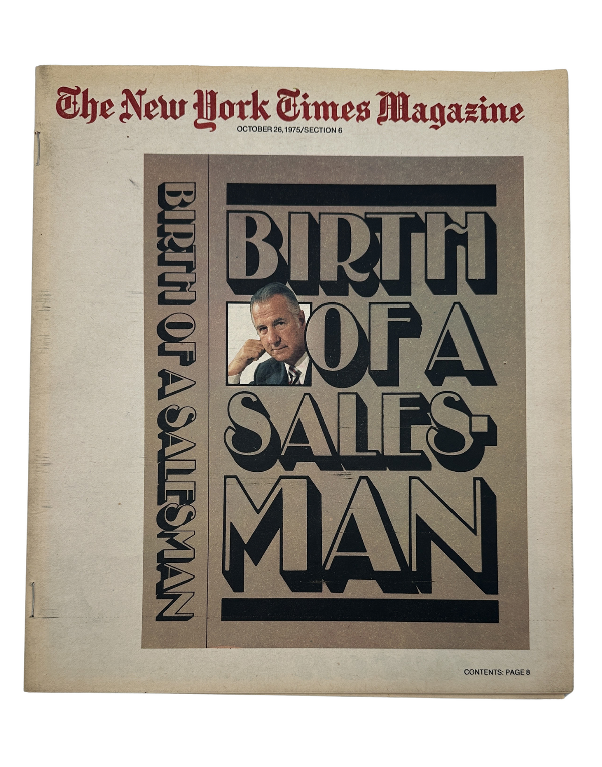 Cover of The New York Times Magazine dated October 26, 1975, featuring the title 'Birth of a Salesman.' The design showcases bold typography on a neutral background, highlighting an exploration of Spiro T. Agnew's influence