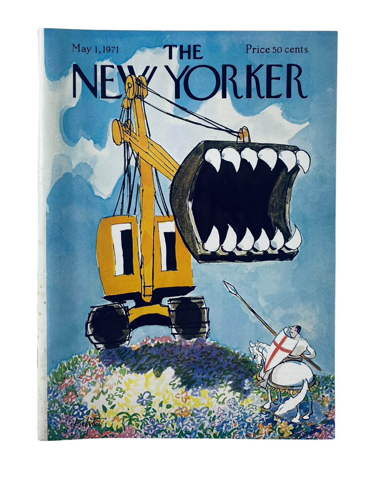 Cover of The New Yorker Magazine from May 1, 1971 featuring an illustration by Mischa Richter, depicting a giant excavator with a large mouth, set against a backdrop of colorful flowers.