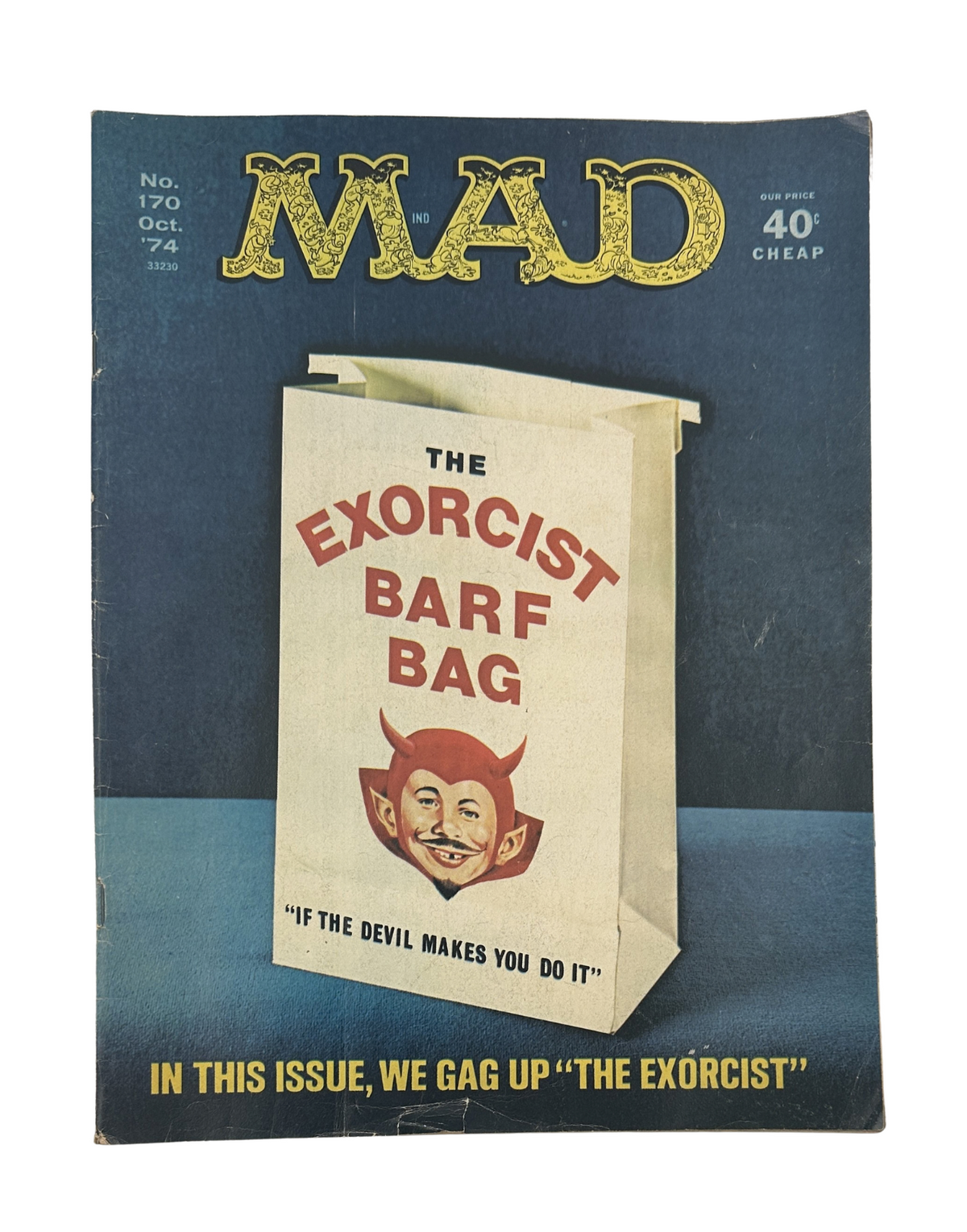Cover of MAD Magazine No. 170 from October 1974 featuring a humorous Exorcist-themed design with the tagline 'The Exorcist Barf Bag'. This vintage issue is graded Very Good (VG 4.0).