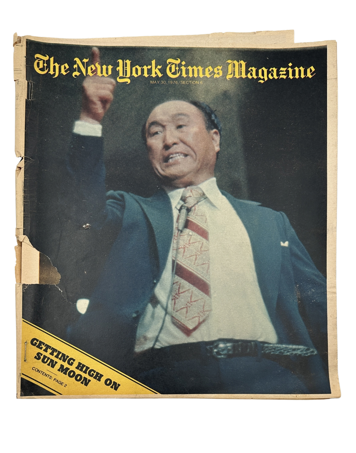 Cover of The New York Times Magazine dated May 30, 1976, featuring Sun Myung Moon with the headline 'Getting High on Sun Moon' and an image of him passionately speaking.