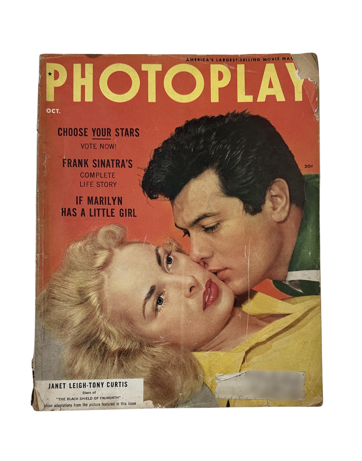 Photoplay Magazine October 1954 cover featuring Janet Leigh and Tony Curtis, showcasing highlights like 'Choose Your Stars' and 'If Marilyn Has a Little Girl'.