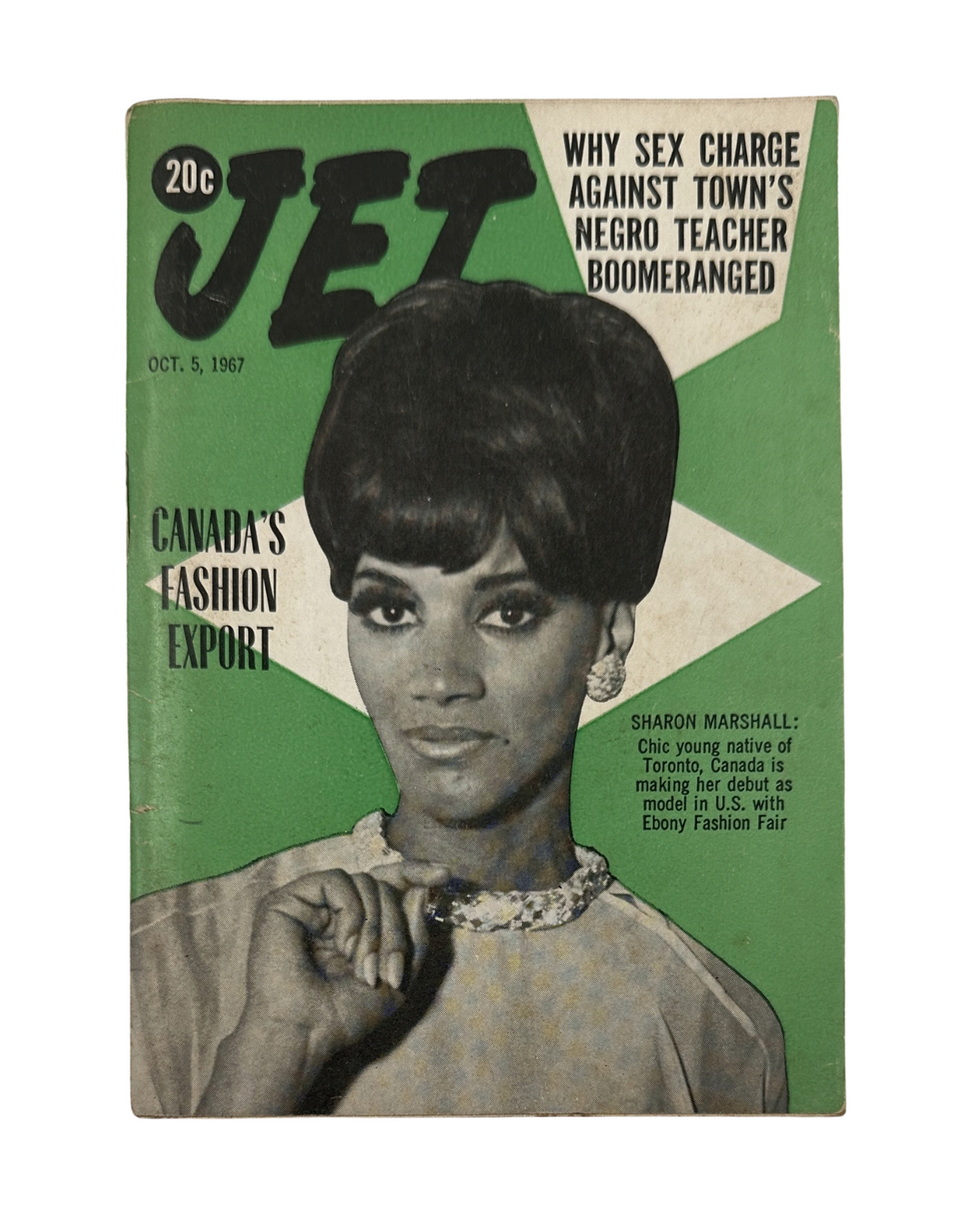 Jet Magazine cover from October 5, 1967 featuring Sharon Marshall with the title 'Canada's Fashion Export'. The cover illustrates a significant cultural publication discussing issues relevant to the era.