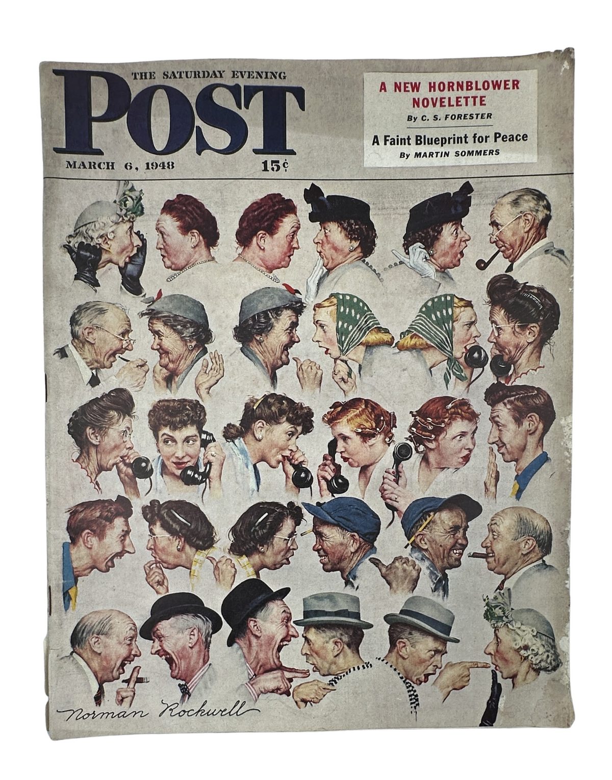 Cover of Saturday Evening Post Magazine March 6, 1948 featuring a Norman Rockwell illustration depicting diverse characters, with a new Hornblower novelette by C.S. Forester and an article by Martin Sommers titled 'A Faint Blueprint for Peace'.
